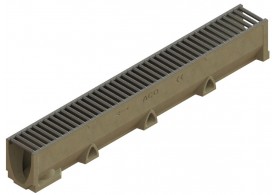 Render del conjunto de canal SELF 100 L1000 H145 en hormigon polímero con premarca para salida vertical DN/OD 110 y reja pasarela en acero inoxidable A15 con sistema de fijación por clip
