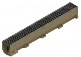 Render del conjunto de canal SELF 100 L1000 H145 en hormigon polímero con premarca para salida vertical DN/OD 110 y reja entramada 27x13 en acero galvanizado A15 con sistema de fijación por clip