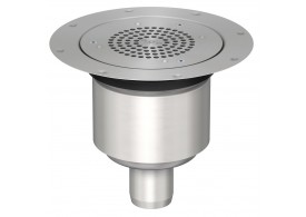 Render del sumidero EG150 TELESCOPICO, fabricado en acero inoxidable AISI304, de dimensiones Ø225 H196 con marco para clipaje de tela, salida vertical DN75, con sifón, con reja perforada con fijación clase de carga K3.