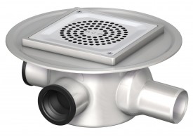 Render do sumidouro EG150 TELESCOPICO, fabricado em aço inoxidável AISI304, de dimensões L150 A150 H120 com aro para impermeabilização líquida, saída horizontal DN50, 3 entradas DN32/40, com sifão, com grelha perfurada com fixação carga K3.