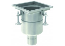 Render do sumidouro industrial EG FIXO, fabricado em acero inoxidável AISI304, de dimensões L200 A200 H285 fundo Ø157, saída vertial DN75 e com sifão.