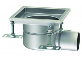 Render do sumidouro industrial EG FIXO, fabricado em acero inoxidável AISI304, de dimensões L200 A200 H143 fundo Ø142, saída horizontal DN75 e com sifão.