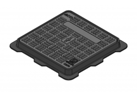 Render de la tapa BASIC cuadrada en fundición dúctil, de dimensiónes L500 A500 H40 clase de carga C250, sin inscripción superior.