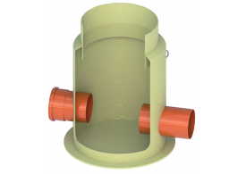 Render de la arqueta para toma de muestras con conexión Ø160 y gradiente de 30mm, fabricado en plástico reforzado con fibra de vidrio (GRP). De dimensiones Ø728 H755.