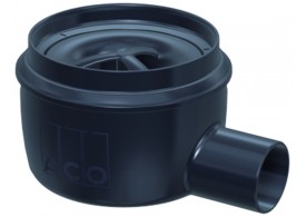Render do corpo de ralo EASYFLOW, fabricado em polipropileno, de dimensões Ø125 H102 fundo Ø149, saída horizontal DN50, com sifão.