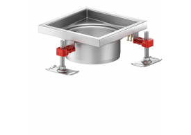Render del cuerpo sumidero higiénico ACO EG 200x200 cuadrado en acero inoxidable AISI304 con relleno del ala de PUR, con conexión Ø142 para fondo Ø157 .