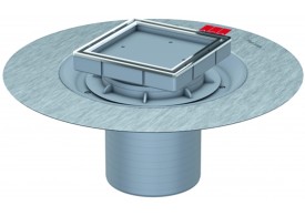 Render del cuerpo sumidero EASYFLOW, fabricado en plástico ABS, de dimensiones L150 A150 H150 fondo Ø125 con marco para impermeabilizació liquida, con reja rellenable en acero inoxidable AISI304.