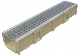 Render del conjunto de canal SELF 200 L1000 H150 en hormigon polímero con premarca para salida vertical DN/OD 160 y reja entramada 30x30 en acero galvanizado B125 con sistema de fijación por Springlock