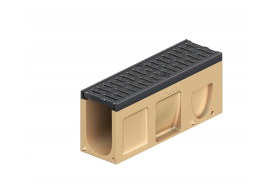 Render del canal registro MONOBLOCK PD100V de hormigón polímero con reja pasarela de fundicón D400, sistema de fijación Drainlock y preformas laterales rompibles L-T-X