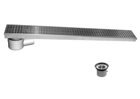 Render do conjunto do canal CLASSIC em aço inoxidável AISI304 com grelha perfurada quadrada K3 e cazo com saida vertical DN/OD 50