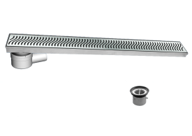 Render do conjunto do canal CLASSIC em aço inoxidável AISI304 com grelha flag K3 e cazo com saida vertical DN/OD 50