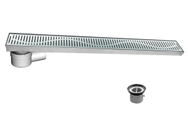 Render do conjunto do canal CLASSIC em aço inoxidável AISI304 com grelha wave K3 e cazo com saida vertical DN/OD 50
