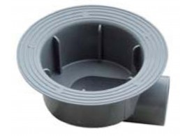 Render de la cazoleta en PVC, de dimensiones Ø159 H90, con conexión Ø75 y salida horizontal DN50.