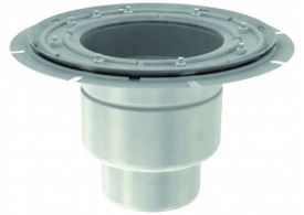 Render do corpo de ralo industrial EG TELESCOPICO, fabricado em acero inoxidável AISI304, de dimensões Ø418 H244 fundo Ø218, com aro para fixação mecânica de tela, saída vertical DN160, com sifão e cesto.