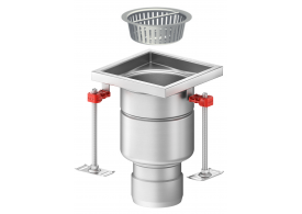 Render en formato .jpg del conjunto sumidero higiénico ACO EG 200x200 cuadrado en acero inoxidable AISI304 con relleno del ala de PUR, fondo Ø157 con salida vertical DN110. Incluye cestillo. Caudal: 3,5l/s.