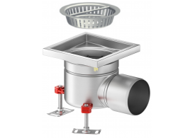 Render en formato .jpg del conjunto sumidero higiénico ACO EG 200x200 cuadrado en acero inoxidable AISI304 con relleno del ala de PUR, fondo Ø157 con salida horizontal DN110. Incluye cestillo. Caudal: 3,5l/s.