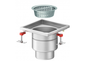 Render en formato .png del conjunto sumidero higiénico ACO EG 300x300 cuadrado en acero inoxidable AISI304 con relleno del ala de PUR, fondo Ø218 con salida vertical DN160. Incluye cestillo. Caudal: 5,5l/s.