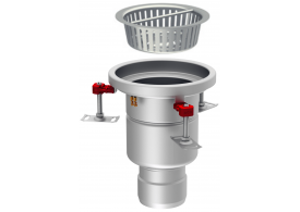 Render en formato .jpg del conjunto sumidero higiénico ACO EG Ø230 redondo en acero inoxidable AISI304 con relleno del ala de PUR, fondo Ø157 con salida vertical DN110. Incluye cestillo. Caudal: 3,5l/s.