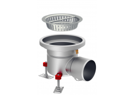 Render en formato .png del conjunto sumidero higiénico ACO EG Ø230 redondo en acero inoxidable AISI304 con relleno del ala de PUR, fondo Ø157 con salida horizontal DN110. Incluye cestillo. Caudal: 2,8l/s.