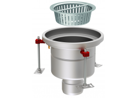 Render en formato .png del conjunto sumidero higiénico ACO EG Ø300 redondo en acero inoxidable AISI304 con relleno del ala de PUR, fondo Ø218 con salida vertical DN110. Incluye cestillo. Caudal: 5l/s.