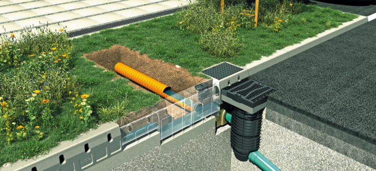 Canal KERBDRAIN y sumidero COMBIPOINT instalado en una calle de baldosas, un STORMBRIXX en un parking, un canal MULITLINE SEAL IN en una calle secundaria y un sumidero EUROPOINT