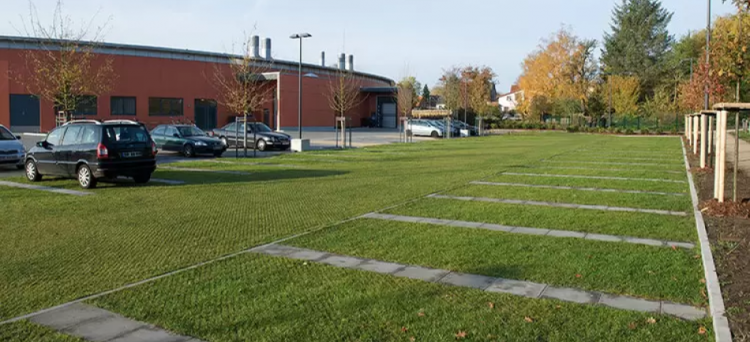 Panal ACO Grass Grid instalado en un parking de coches.