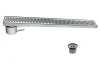 Render do conjunto do canal CLASSIC em aço inoxidável AISI304 com grelha flag K3 e cazo com saida vertical DN/OD 50